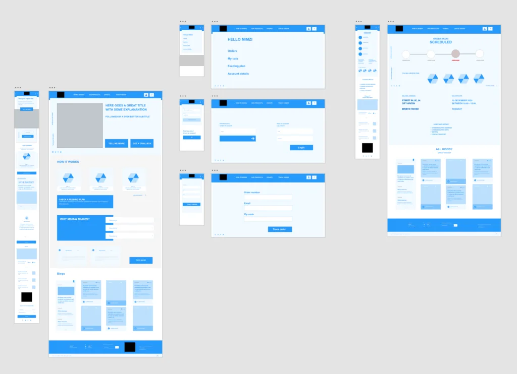 Wireframes with screen-size variations developed in Adobe XD