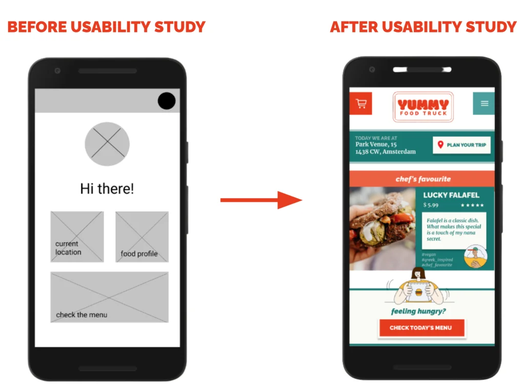 Initial screen of YUMMY's Food truck app before and after usability study